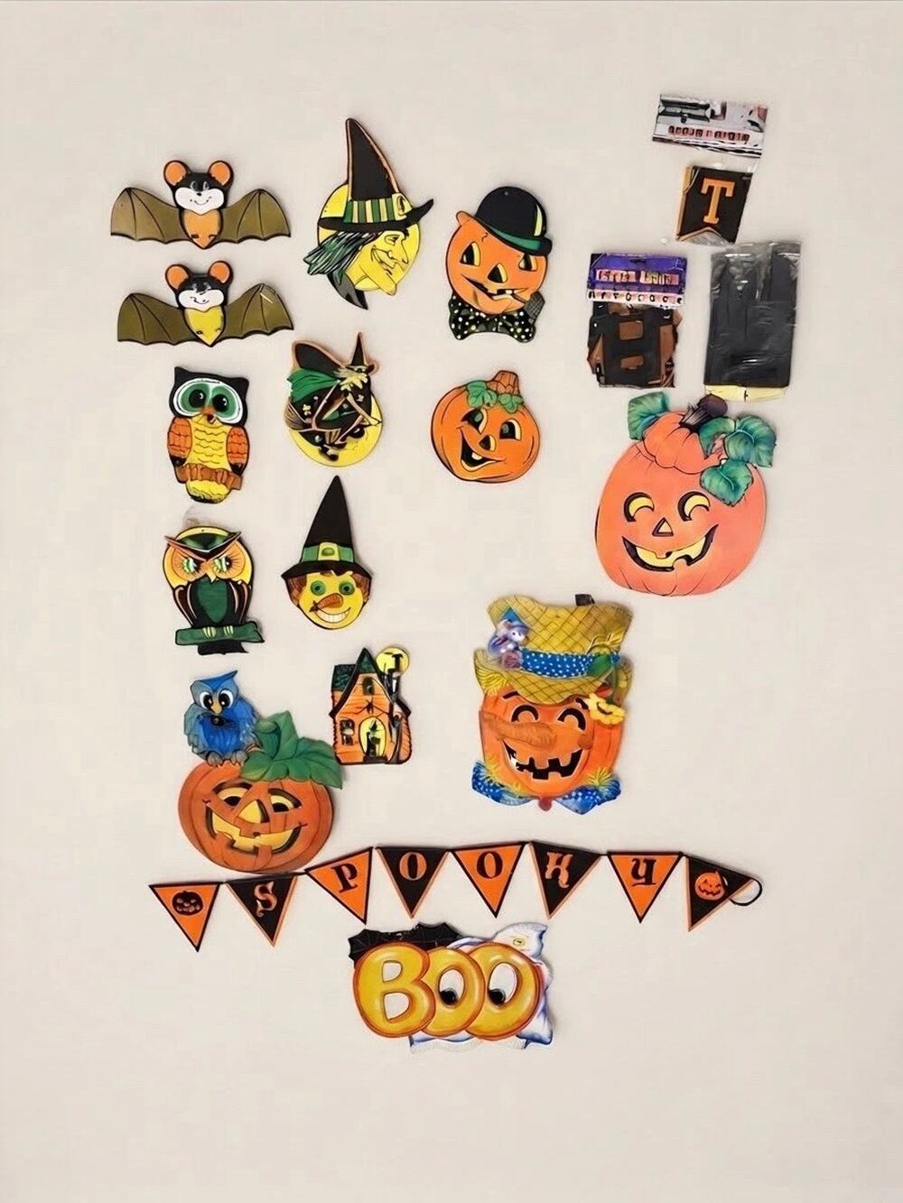 Large Vintage Halloween Decorations Lot 2 Beistle Witches BOO Owls Banners Bats